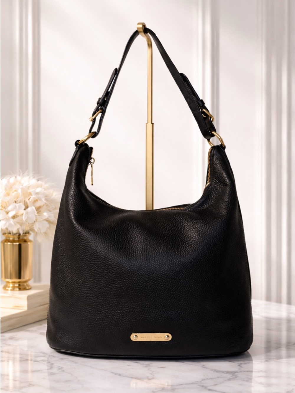 Michael Kors Black Pebbled Leather Hobo with Gold Hardware